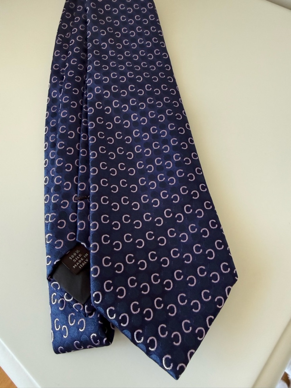 CELINE 100% Silk Men’s Tie, Navy Blue and Purple Monogram Pattern, with COA